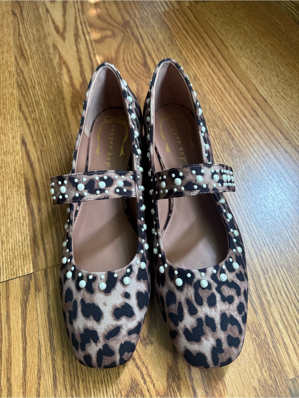 Copper Key Leopard Print Mary Janes with Pearl Stud Details - Brown
